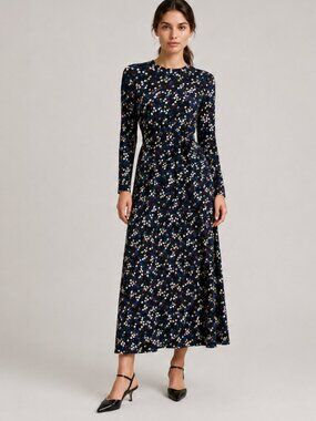 Zara Black Multicolor Confetti Dot Print Maxi Dress Tie Waist Long Sleeve XL